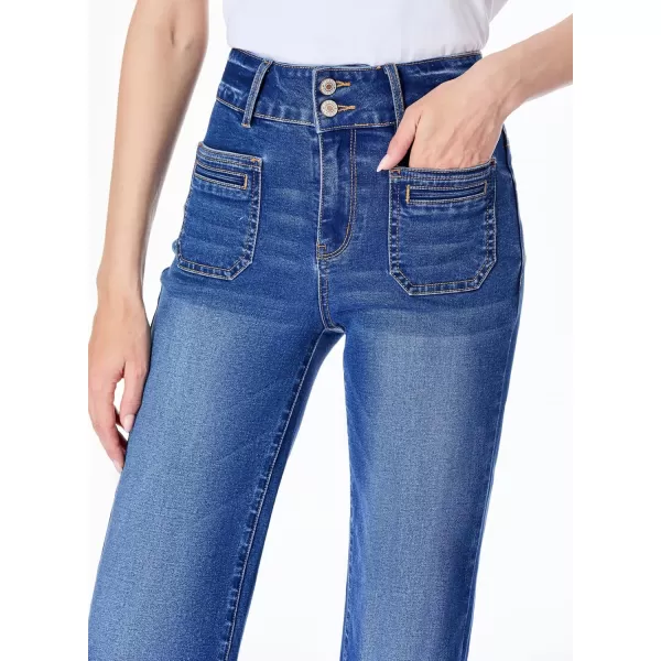 Sidefeel Womens Jeans High Waist Trendy 2024 Stretchy Flared Wide Leg Pockets Front Bootcut Casual Denim PantsDark Blue
