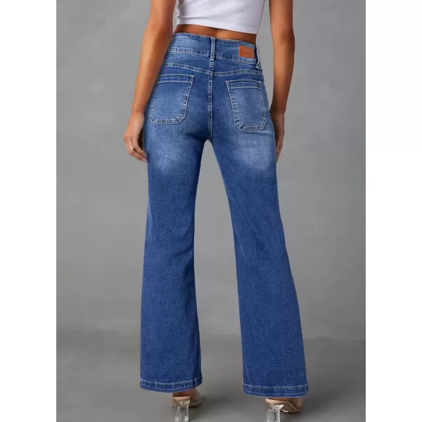 Sidefeel Womens Jeans High Waist Trendy 2024 Stretchy Flared Wide Leg Pockets Front Bootcut Casual Denim PantsDark Blue