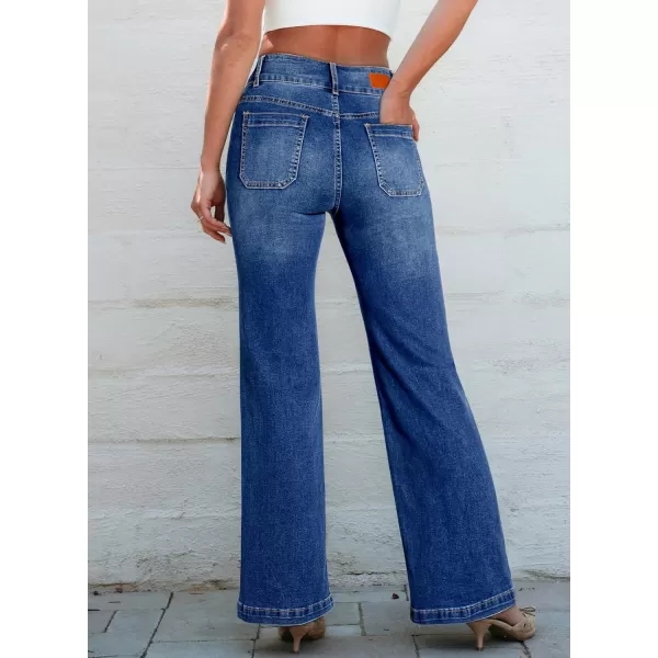 Sidefeel Womens Jeans High Waist Trendy 2024 Stretchy Flared Wide Leg Pockets Front Bootcut Casual Denim PantsDark Blue
