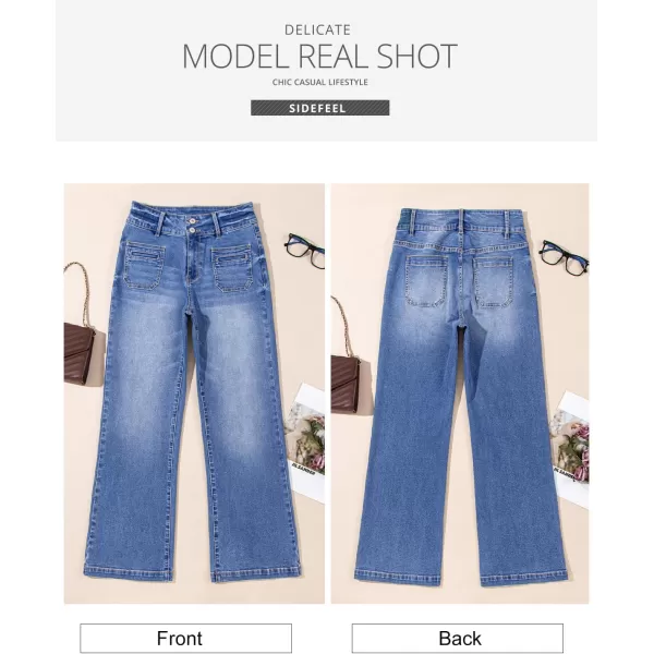 Sidefeel Womens Jeans High Waist Trendy 2024 Stretchy Flared Wide Leg Pockets Front Bootcut Casual Denim PantsDark Blue