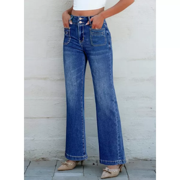 Sidefeel Womens Jeans High Waist Trendy 2024 Stretchy Flared Wide Leg Pockets Front Bootcut Casual Denim PantsDark Blue