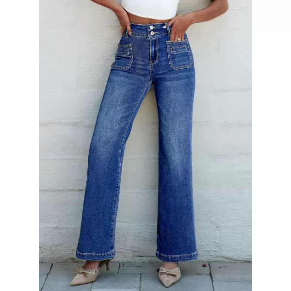 Sidefeel Womens Jeans High Waist Trendy 2024 Stretchy Flared Wide Leg Pockets Front Bootcut Casual Denim PantsDark Blue