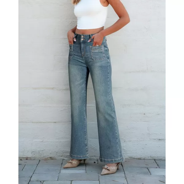 Sidefeel Womens Jeans High Waist Trendy 2024 Stretchy Flared Wide Leg Pockets Front Bootcut Casual Denim PantsSky Blue