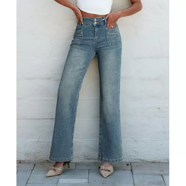 Sidefeel Womens Jeans High Waist Trendy 2024 Stretchy Flared Wide Leg Pockets Front Bootcut Casual Denim PantsSky Blue