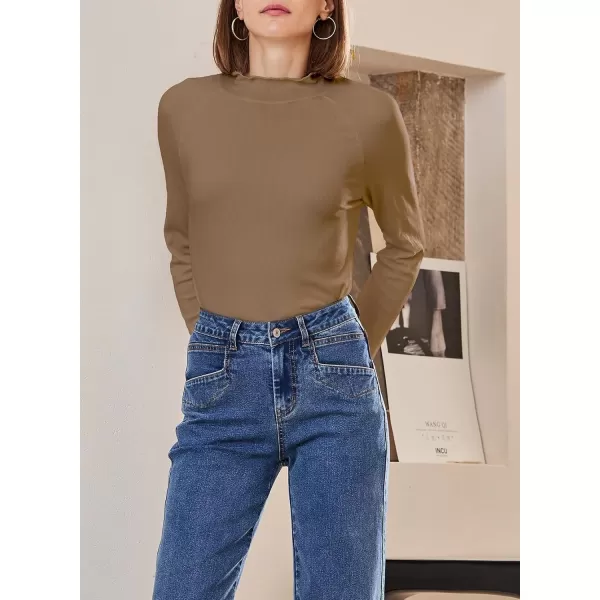 Sidefeel Womens Long Sleeve Shirts Turtleneck Ribbed Top Ruffles Mock Neck Basic Layering TopsChestnut