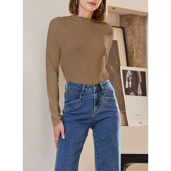 Sidefeel Womens Long Sleeve Shirts Turtleneck Ribbed Top Ruffles Mock Neck Basic Layering TopsChestnut