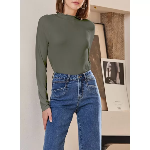 Sidefeel Womens Long Sleeve Shirts Turtleneck Ribbed Top Ruffles Mock Neck Basic Layering TopsMoss Green