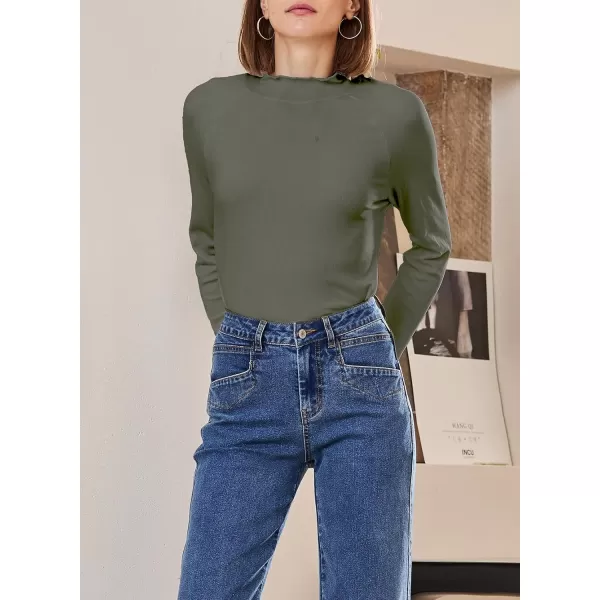 Sidefeel Womens Long Sleeve Shirts Turtleneck Ribbed Top Ruffles Mock Neck Basic Layering TopsMoss Green