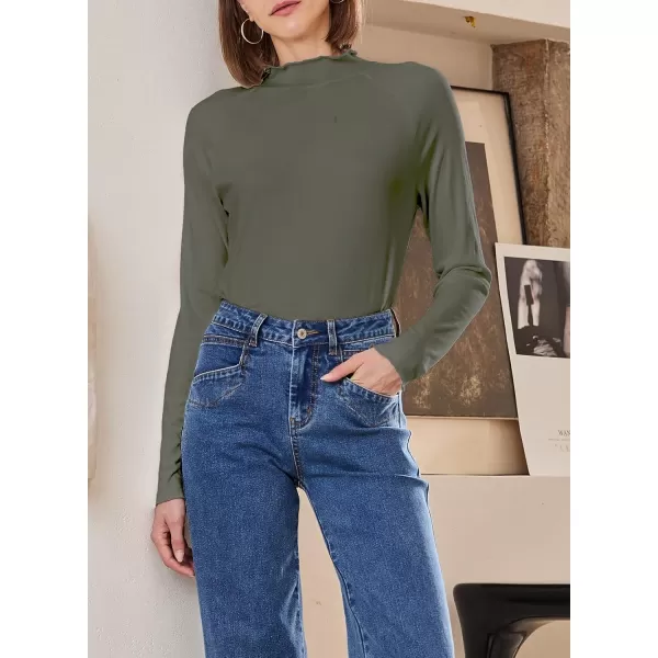 Sidefeel Womens Long Sleeve Shirts Turtleneck Ribbed Top Ruffles Mock Neck Basic Layering TopsMoss Green