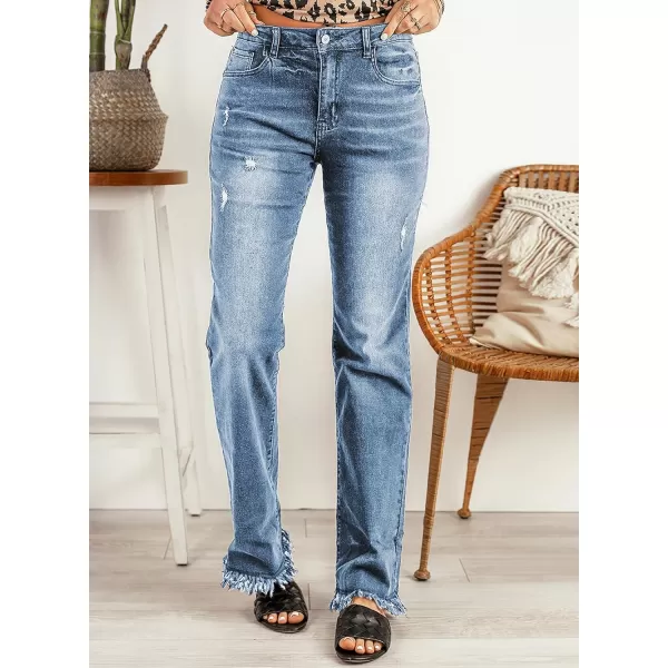 Sidefeel Womens Ripped High Waisted Flared Jeans Wide Leg Destroyed Denim PantsB Blue