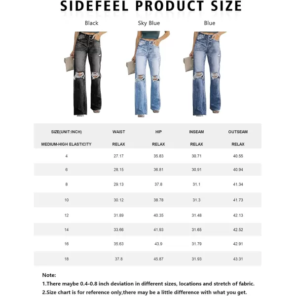 Sidefeel Womens Ripped High Waisted Flared Jeans Wide Leg Destroyed Denim PantsL2 Blue