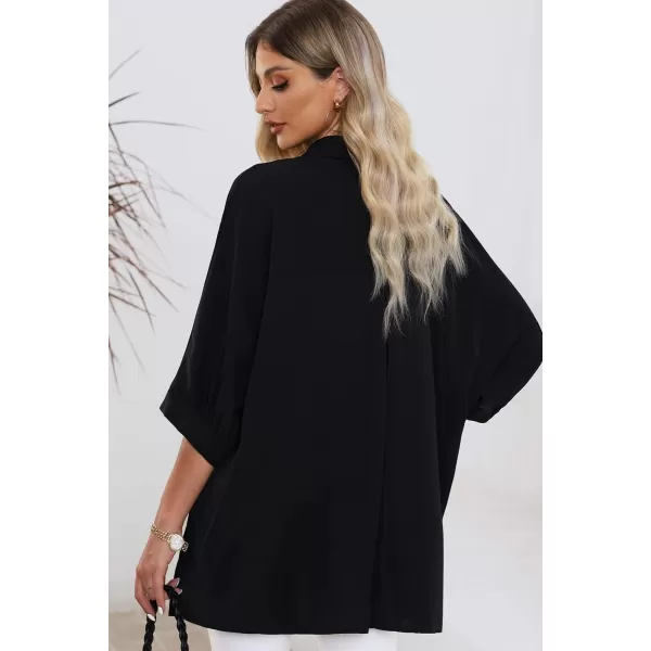 Sidefeel Womens Summer Oversized 34 Sleeve Button Down Shirts Side Slit Dressy Casual Blouses Loose Fit Tunic TopsBlack