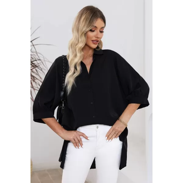 Sidefeel Womens Summer Oversized 34 Sleeve Button Down Shirts Side Slit Dressy Casual Blouses Loose Fit Tunic TopsBlack