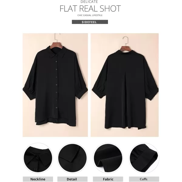 Sidefeel Womens Summer Oversized 34 Sleeve Button Down Shirts Side Slit Dressy Casual Blouses Loose Fit Tunic TopsBlack