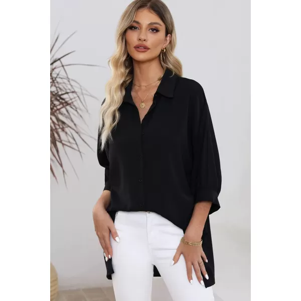 Sidefeel Womens Summer Oversized 34 Sleeve Button Down Shirts Side Slit Dressy Casual Blouses Loose Fit Tunic TopsBlack