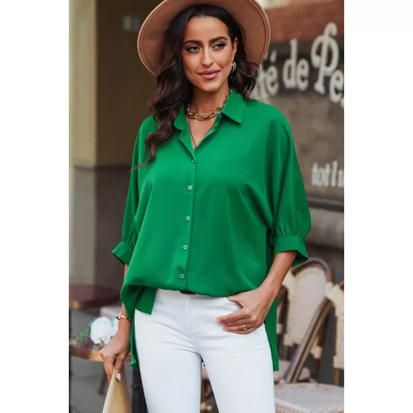 Sidefeel Womens Summer Oversized 34 Sleeve Button Down Shirts Side Slit Dressy Casual Blouses Loose Fit Tunic TopsGreen