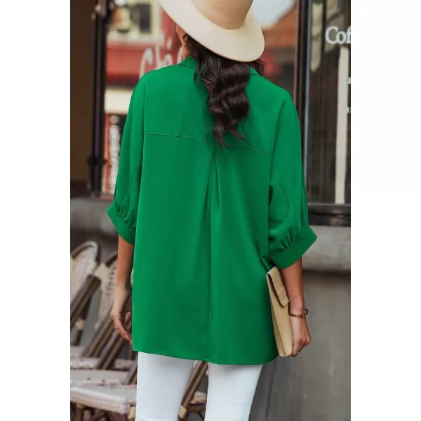 Sidefeel Womens Summer Oversized 34 Sleeve Button Down Shirts Side Slit Dressy Casual Blouses Loose Fit Tunic TopsGreen