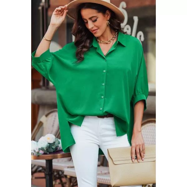 Sidefeel Womens Summer Oversized 34 Sleeve Button Down Shirts Side Slit Dressy Casual Blouses Loose Fit Tunic TopsGreen