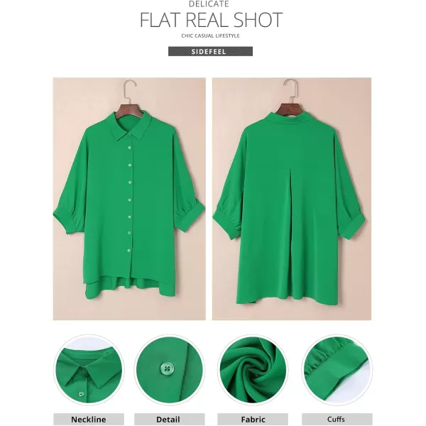 Sidefeel Womens Summer Oversized 34 Sleeve Button Down Shirts Side Slit Dressy Casual Blouses Loose Fit Tunic TopsGreen