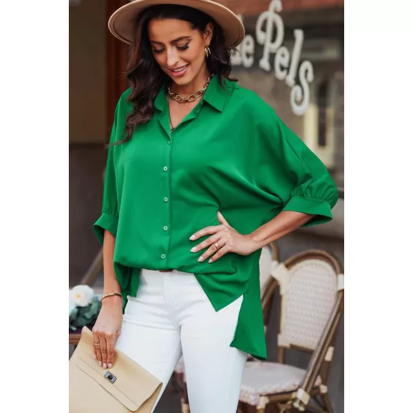 Sidefeel Womens Summer Oversized 34 Sleeve Button Down Shirts Side Slit Dressy Casual Blouses Loose Fit Tunic TopsGreen