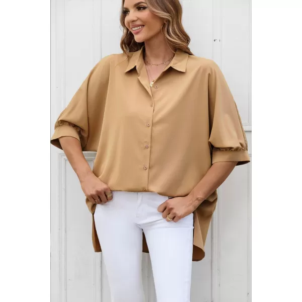 Sidefeel Womens Summer Oversized 34 Sleeve Button Down Shirts Side Slit Dressy Casual Blouses Loose Fit Tunic TopsKhaki