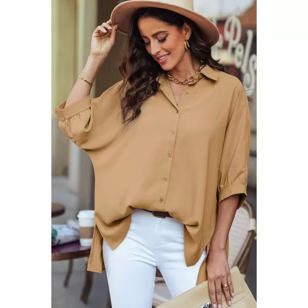 Sidefeel Womens Summer Oversized 34 Sleeve Button Down Shirts Side Slit Dressy Casual Blouses Loose Fit Tunic TopsKhaki