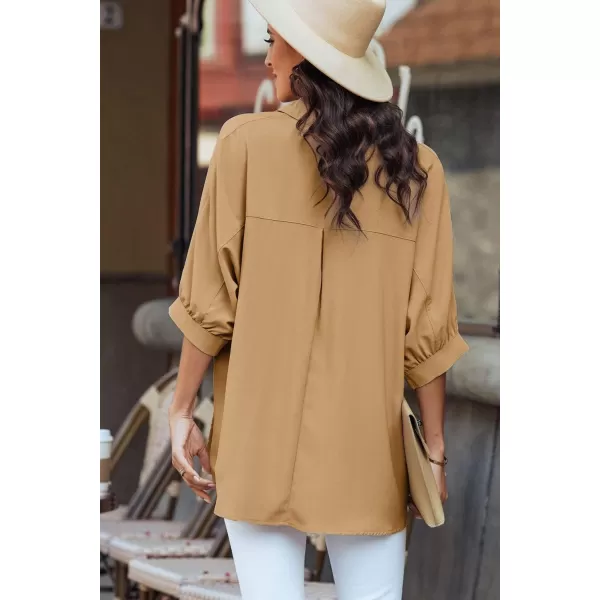 Sidefeel Womens Summer Oversized 34 Sleeve Button Down Shirts Side Slit Dressy Casual Blouses Loose Fit Tunic TopsKhaki