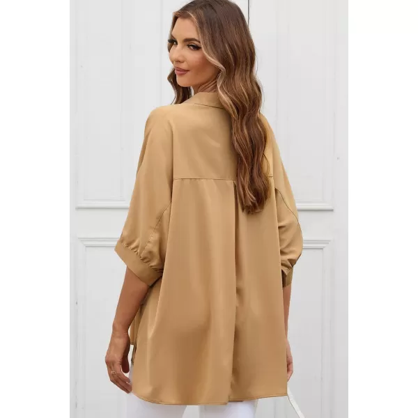 Sidefeel Womens Summer Oversized 34 Sleeve Button Down Shirts Side Slit Dressy Casual Blouses Loose Fit Tunic TopsKhaki