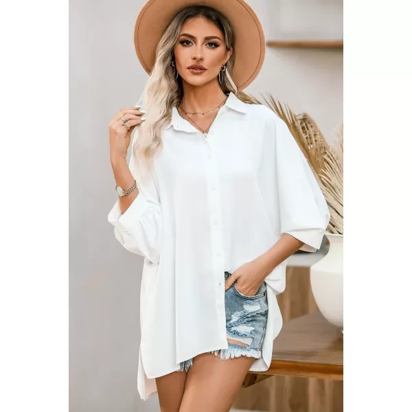 Sidefeel Womens Summer Oversized 34 Sleeve Button Down Shirts Side Slit Dressy Casual Blouses Loose Fit Tunic TopsWhite