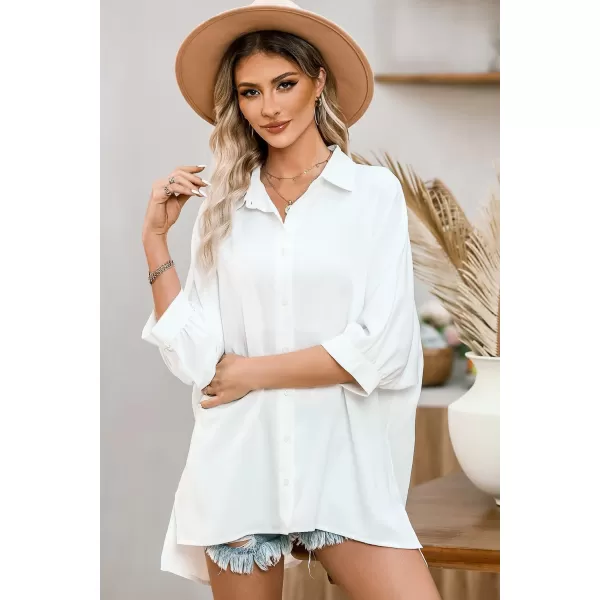 Sidefeel Womens Summer Oversized 34 Sleeve Button Down Shirts Side Slit Dressy Casual Blouses Loose Fit Tunic TopsWhite