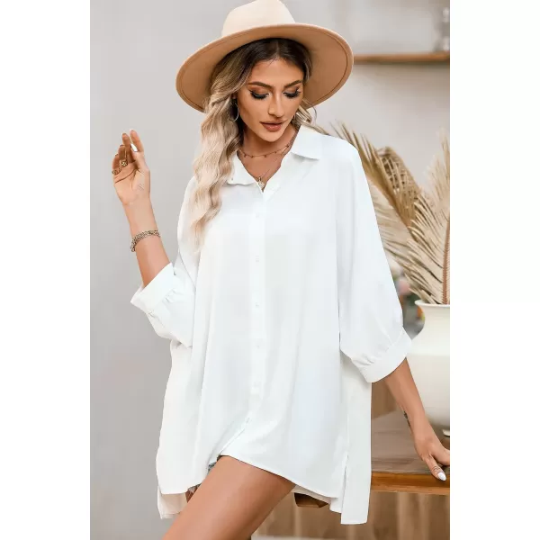 Sidefeel Womens Summer Oversized 34 Sleeve Button Down Shirts Side Slit Dressy Casual Blouses Loose Fit Tunic TopsWhite