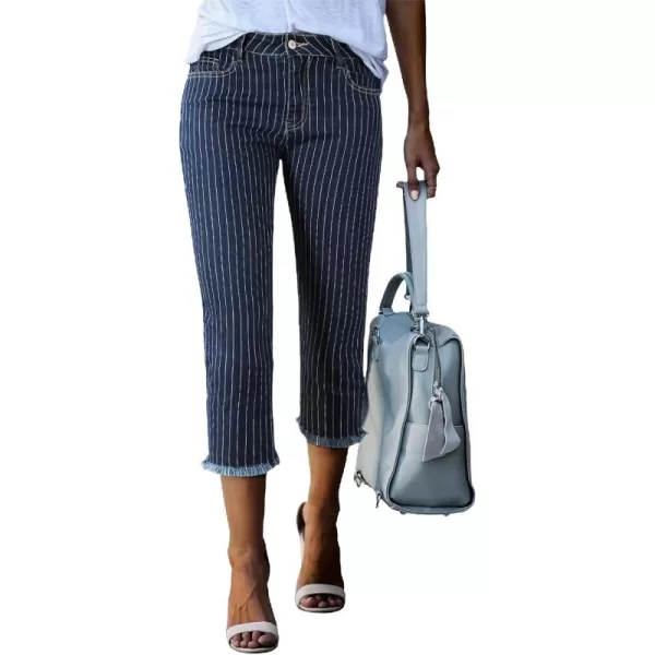 Sidefeel Womens Capri Jeans High Waisted 2024 Straight Leg Raw Hem Denim PantsB White Stripe