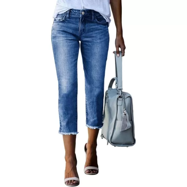 Sidefeel Womens Capri Jeans High Waisted 2024 Straight Leg Raw Hem Denim PantsD Light Blue