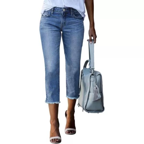 Sidefeel Womens Capri Jeans High Waisted 2024 Straight Leg Raw Hem Denim PantsD Sky Blue