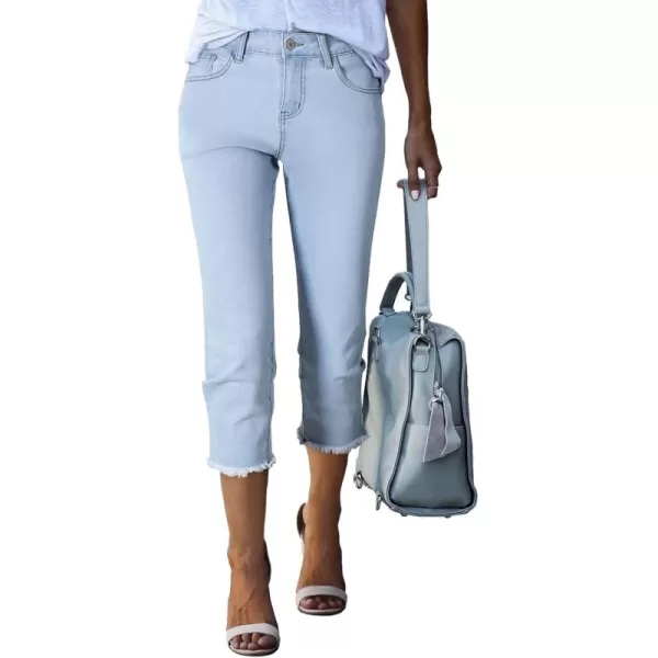 Sidefeel Womens Capri Jeans High Waisted 2024 Straight Leg Raw Hem Denim PantsE Sky Blue