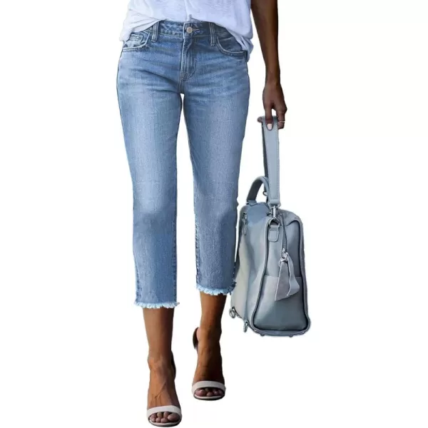 Sidefeel Womens Capri Jeans High Waisted 2024 Straight Leg Raw Hem Denim PantsLight Blue