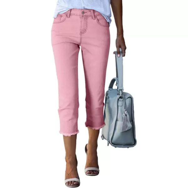 Sidefeel Womens Capri Jeans High Waisted 2024 Straight Leg Raw Hem Denim PantsPink