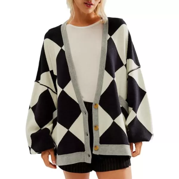 Sidefeel Womens Cardigan 2024 Fall Sweaters Open Front Coat Oversized Striped Chunky Outwear with PocketsBlack Plaid