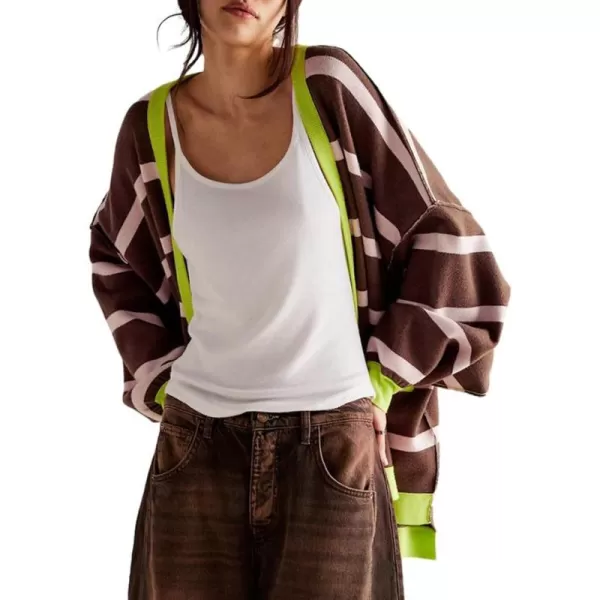 Sidefeel Womens Cardigan 2024 Fall Sweaters Open Front Coat Oversized Striped Chunky Outwear with PocketsBrown