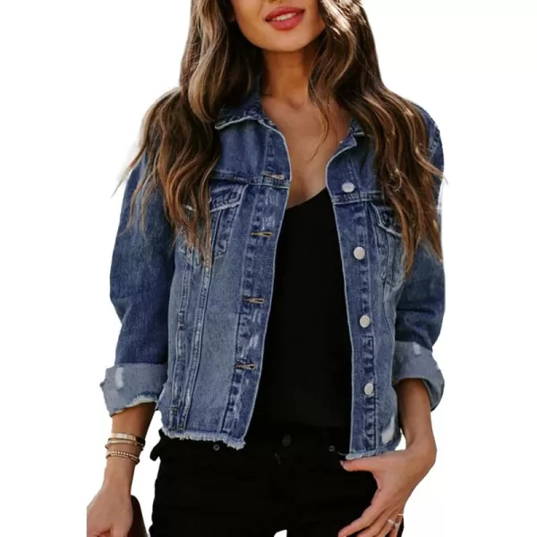 Sidefeel Womens Denim Jacket Long Sleeve Button Distressed Ripped Jean CoatA 1 Blue