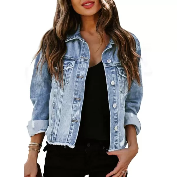 Sidefeel Womens Denim Jacket Long Sleeve Button Distressed Ripped Jean CoatA Sky Blue