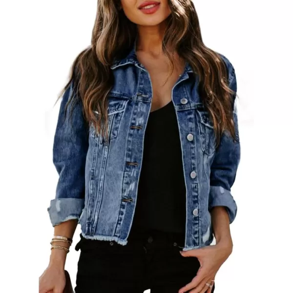 Sidefeel Womens Denim Jacket Long Sleeve Button Distressed Ripped Jean CoatBluing