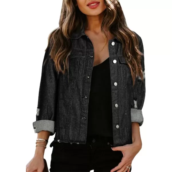 Sidefeel Womens Denim Jacket Long Sleeve Button Distressed Ripped Jean CoatDeep Black