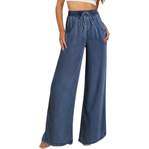 Sidefeel Womens High Waisted Wide Leg Jeans 2024 Summer Drawstring Denim PantsBlue