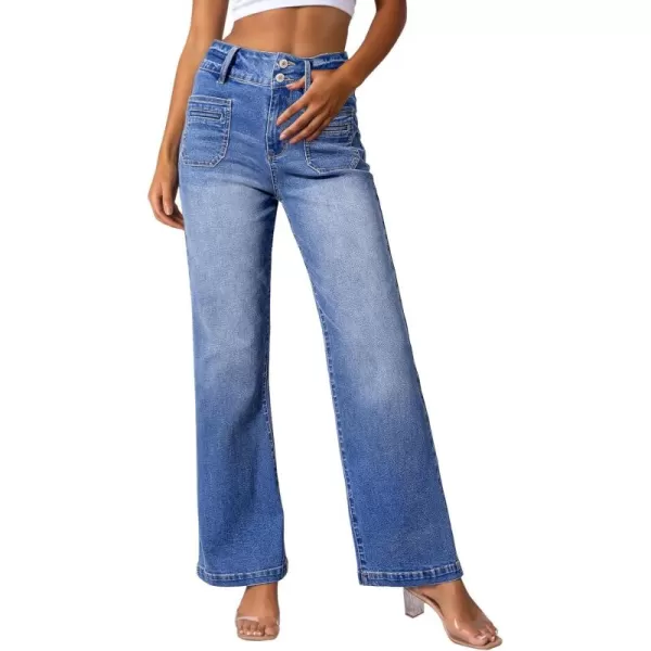 Sidefeel Womens Jeans High Waist Trendy 2024 Stretchy Flared Wide Leg Pockets Front Bootcut Casual Denim PantsLight Blue