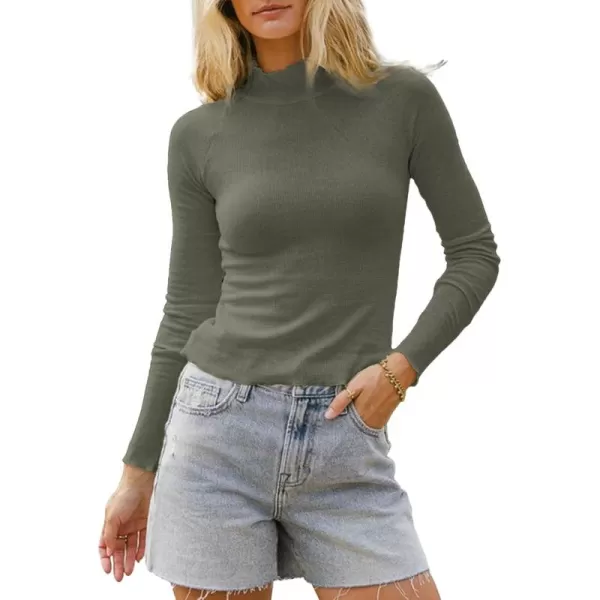 Sidefeel Womens Long Sleeve Shirts Turtleneck Ribbed Top Ruffles Mock Neck Basic Layering TopsMoss Green