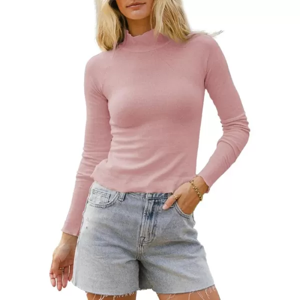 Sidefeel Womens Long Sleeve Shirts Turtleneck Ribbed Top Ruffles Mock Neck Basic Layering TopsPink