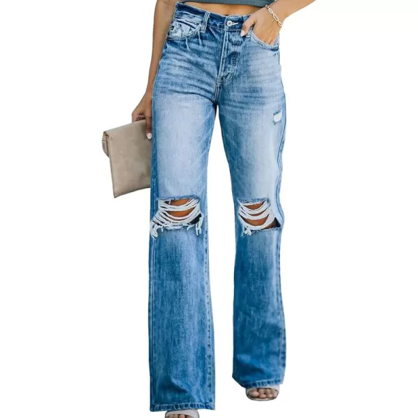 Sidefeel Womens Ripped High Waisted Flared Jeans Wide Leg Destroyed Denim PantsL2 Blue