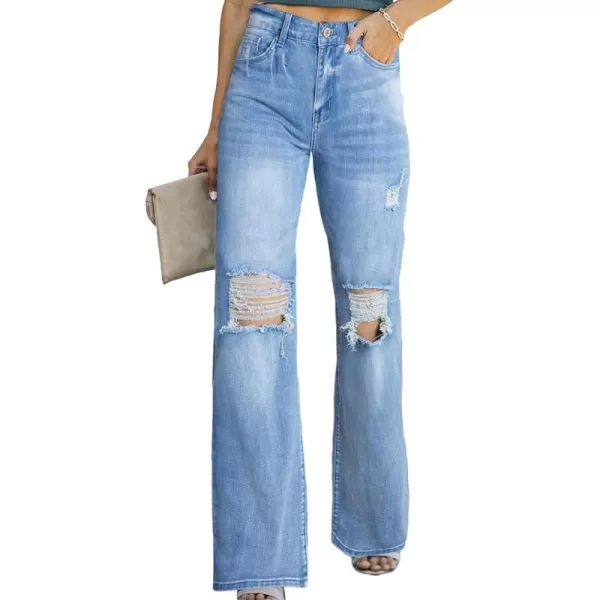 Sidefeel Womens Ripped High Waisted Flared Jeans Wide Leg Destroyed Denim PantsL3 Sky Blue