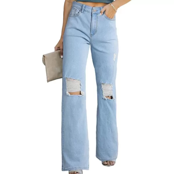 Sidefeel Womens Ripped High Waisted Flared Jeans Wide Leg Destroyed Denim PantsMist Blue